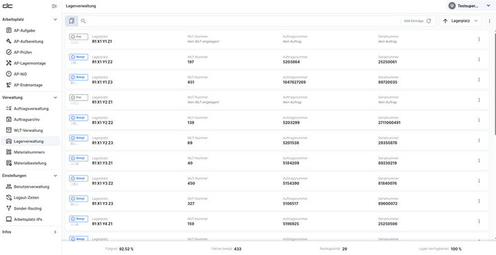 Ansicht der Lagerverwaltung innerhalb der DriveCon Managementsoftware